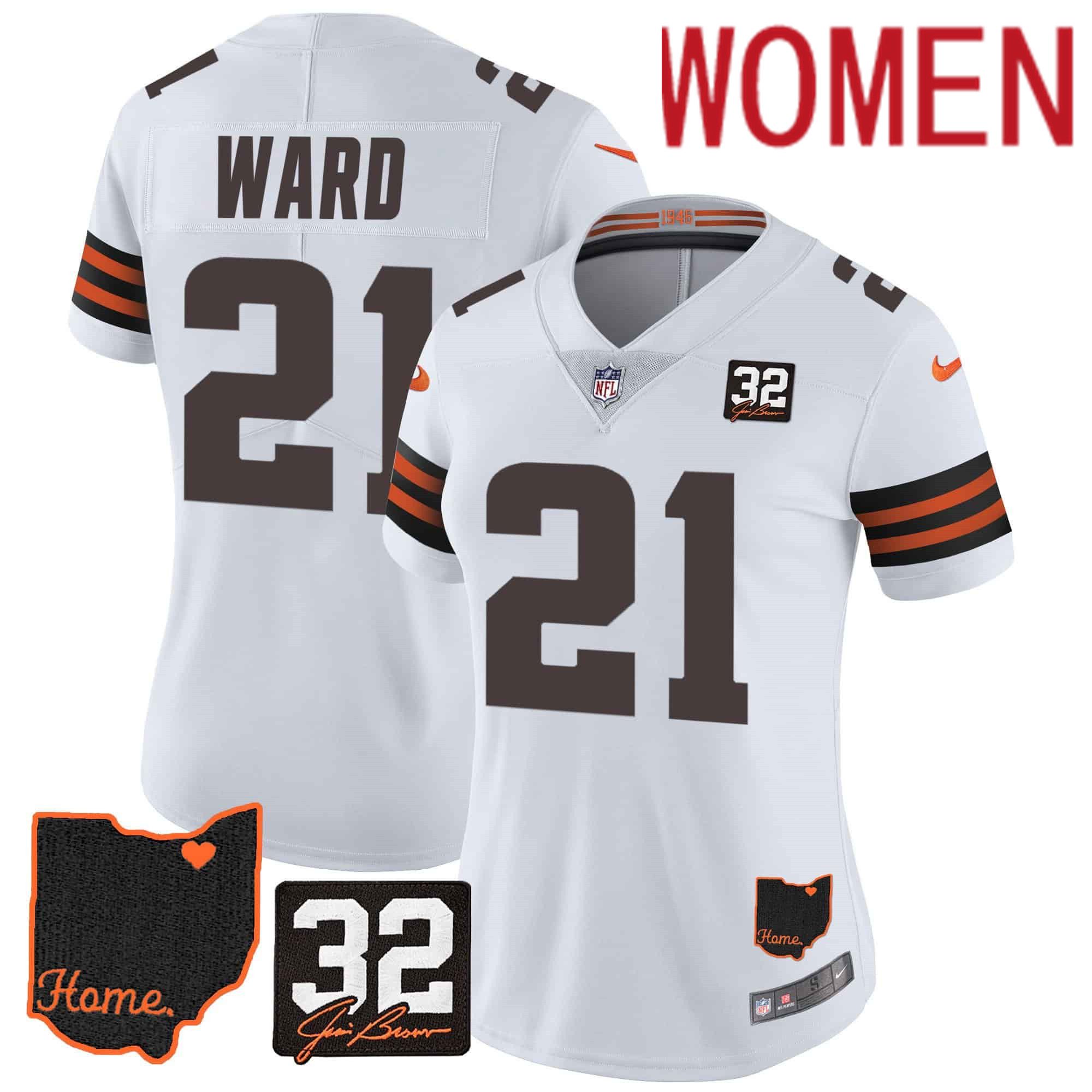 Women Cleveland Browns #21 Ward White Memorial Home Patch 2024 Nike NFL Jersey->women nfl jersey->Women Jersey